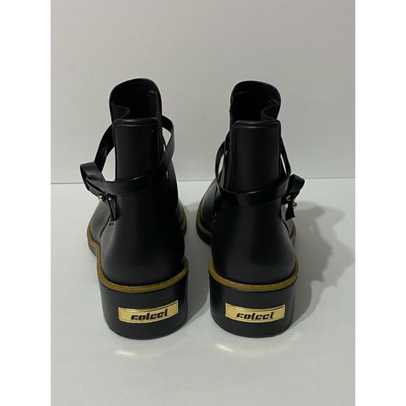 NWOB COLCCI Womens 8/9 Black Rubber Chelsea Boots Ankle Wrap Detail Riding Rain - Picture 4 of 6